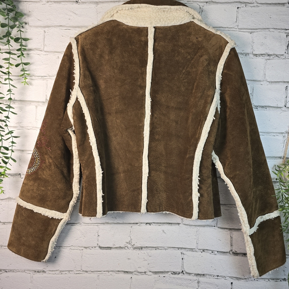 VINTAGE PENNY LANE LIKE LOVE SUEDE JACKET EMBROIDERED SHERPA LINED WOMENS L - Picture 7 of 8